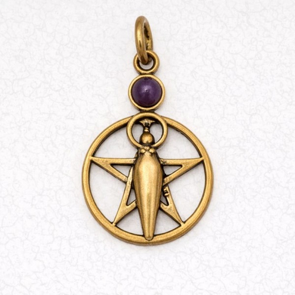 Wicca Bronze Pendant Necklace - Pentacle of the Goddess with Genuine Stone