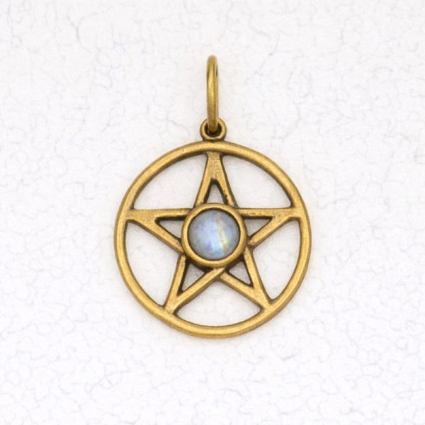 Wicca Bronze Pendant Necklace - Pentacle Set w Genuine Stone
