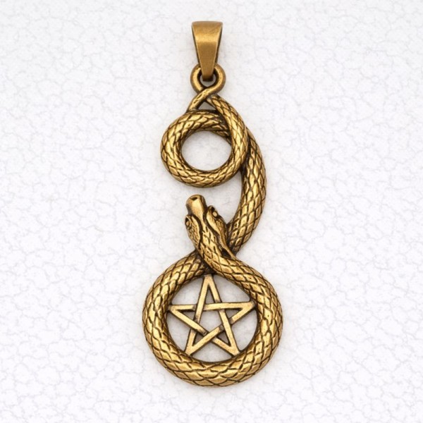 Wicca Bronze Pendant Necklace - Pentacle Of The Snake