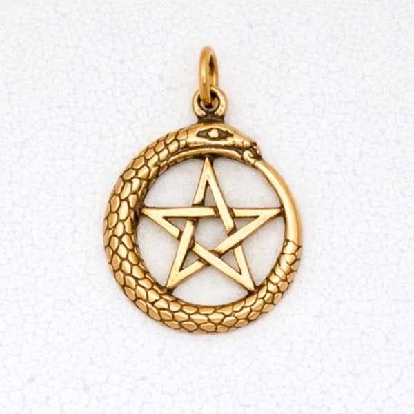 Wicca Bronze Pendant Necklace - Ouroboros with Pentacle