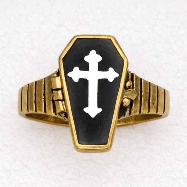 Bronze Poison Ring - Gothic Cross on Coffin