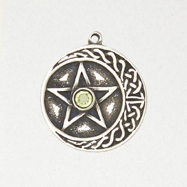 Wicca Pewter Necklace Pendant - Crescent Moon Pentacle with Accent Stone
