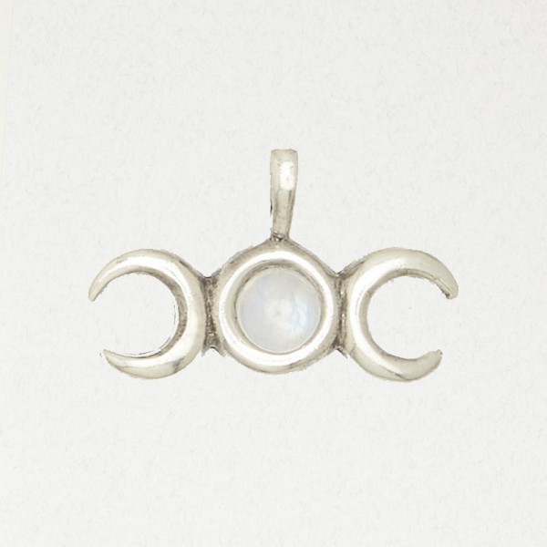 Wicca Pewter Necklace Pendant - Triple Moon with Accent Stone