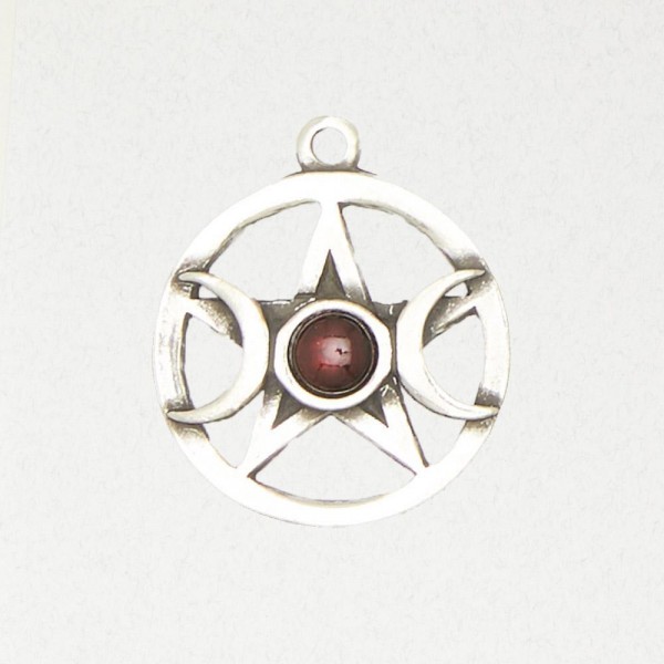 Wicca Pewter Necklace Pendant - Triple Moon Pentacle w/ Accent Cabochon