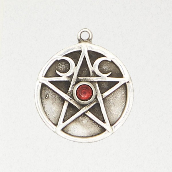 Wicca Pewter Necklace Pendant - Crescent Moon Pentacle with Accent Stone